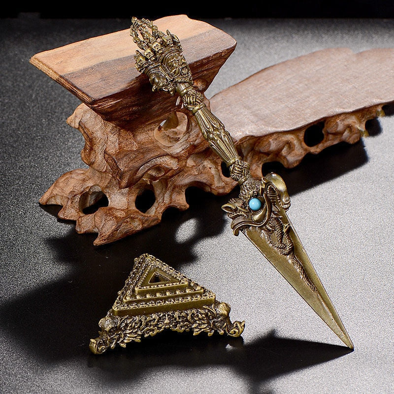 Tantric Buddhist Bronze Dagger with Inlaid Gem Stone