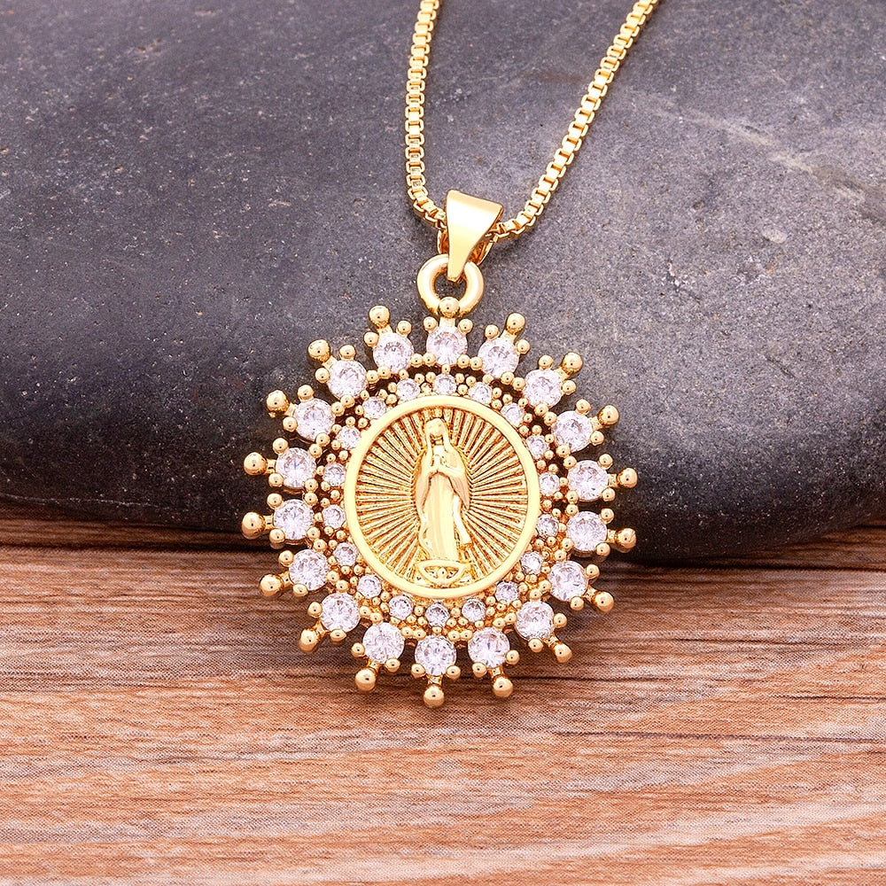 Virgin Mary Crystal Pendant Necklace