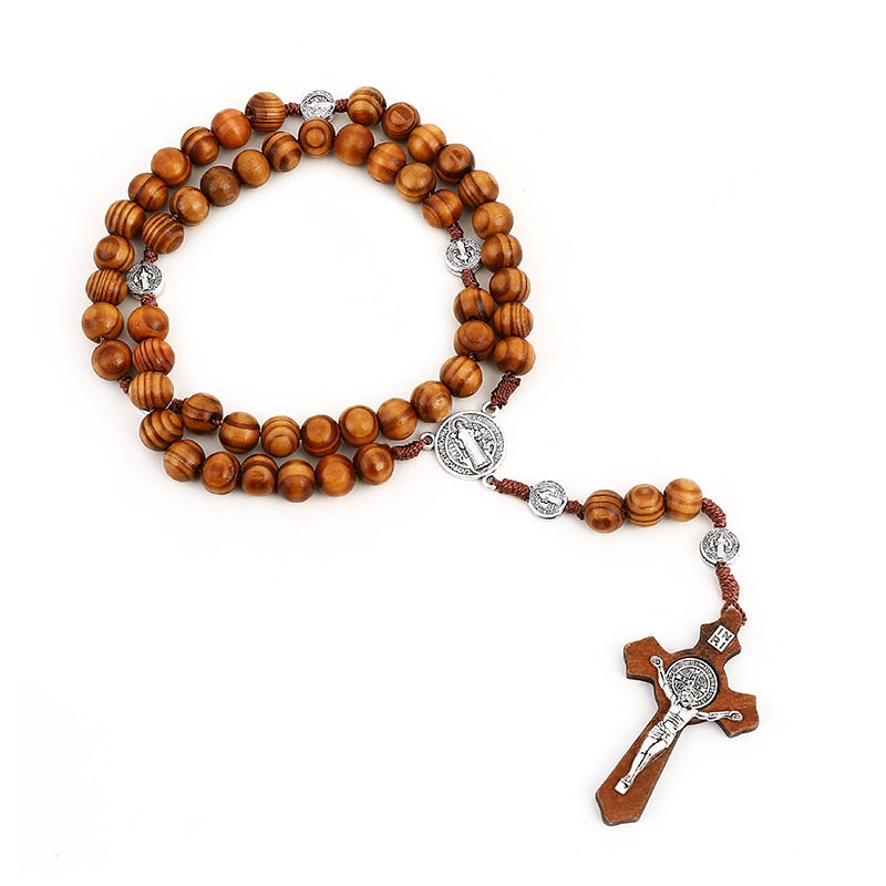 Jesus on the Holy Cross Wood Beaded Rosary w/ Saint Benedict Medal