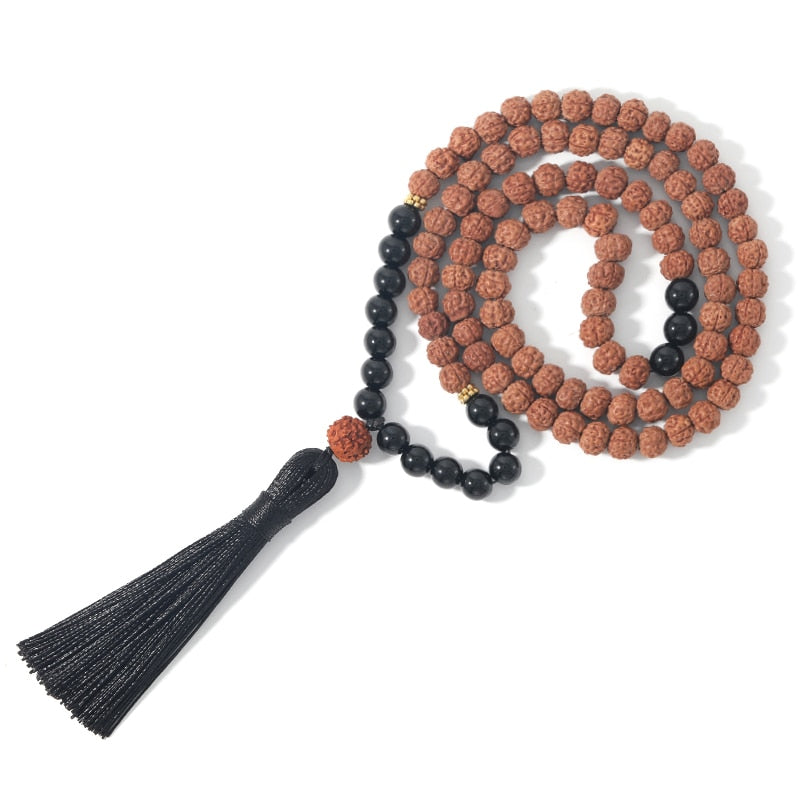 108 Bead Mala Beads Handmade w/ Black Onyx & Natural Rudraksha & Black Tassel