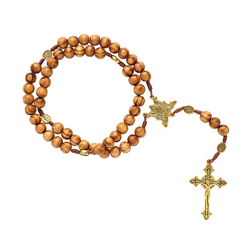 Jesus on the Holy Cross Wood Beaded Rosary w/ Saint Benedict Medal