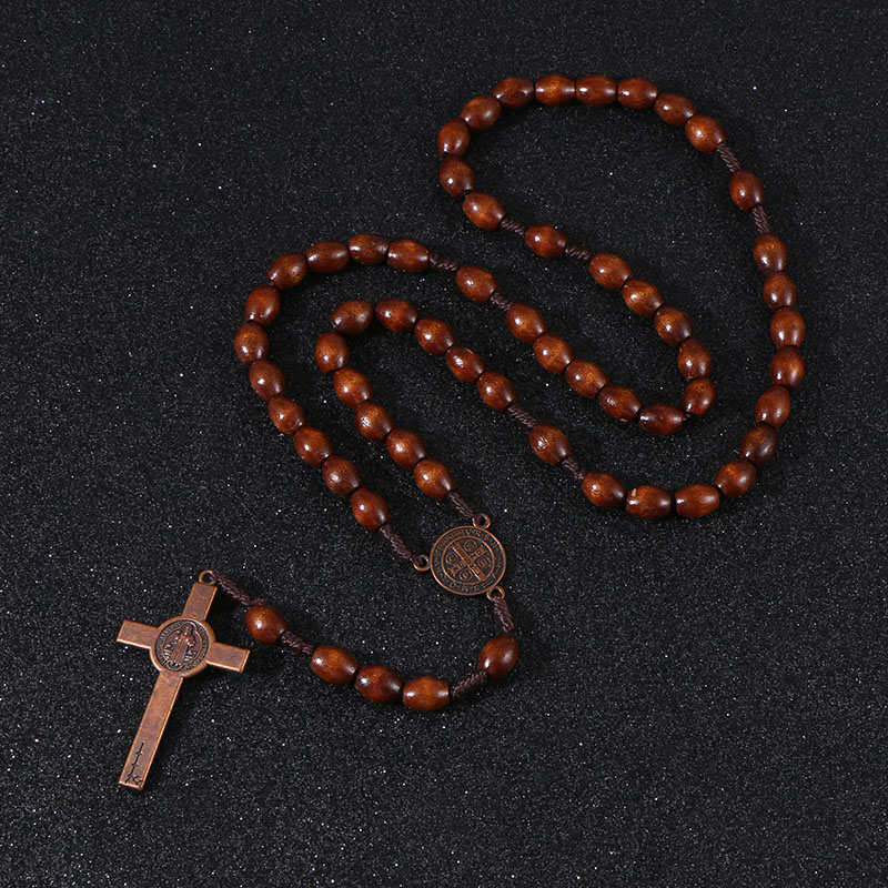 Jesus on the Holy Cross Wooden Rosary with Saint Benedict Medal