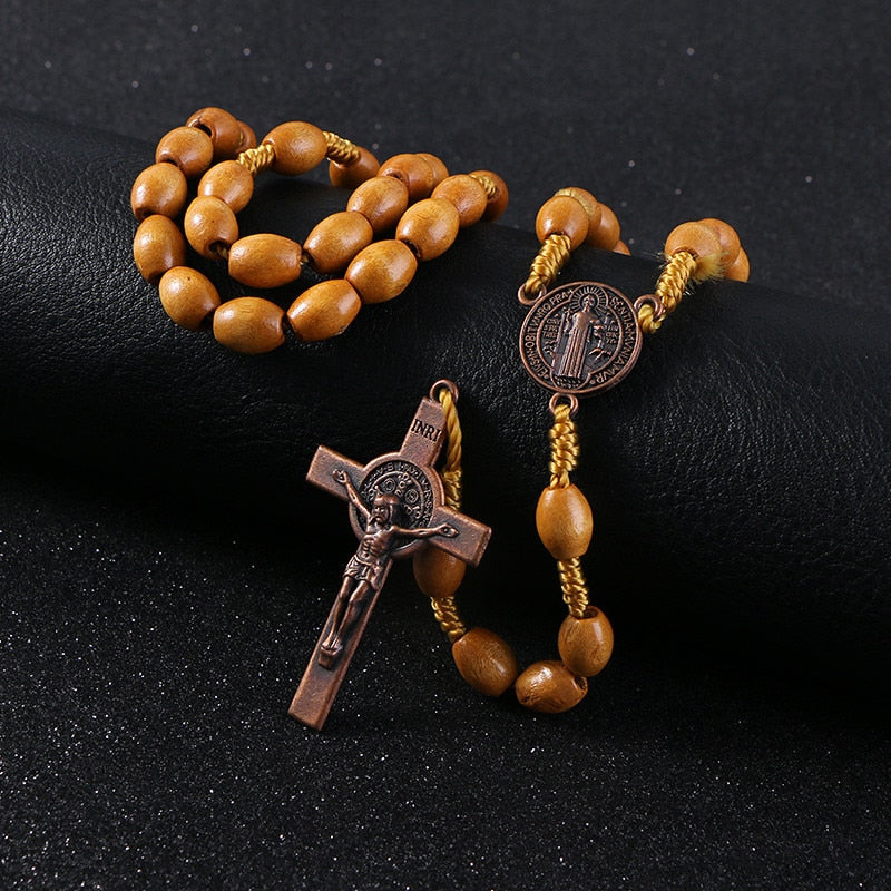 Handmade Wooden Rosary Jesus on the Cross & Saint Benedict Medal