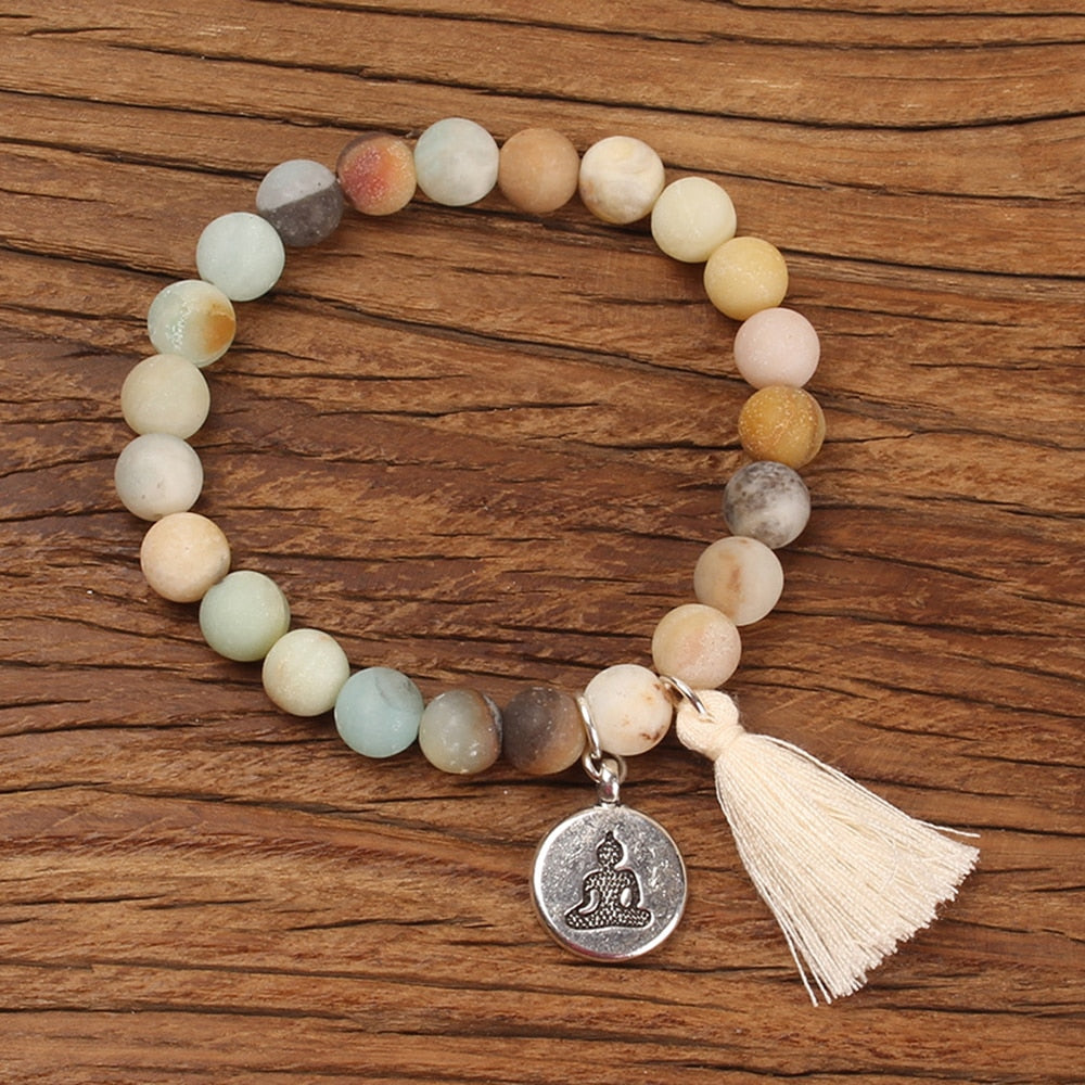 Natural Stone Lotus Buddha Charm Mala Bracelet with Tassel