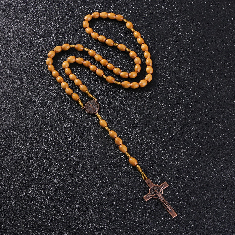 Handmade Wooden Rosary Jesus on the Cross & Saint Benedict Medal