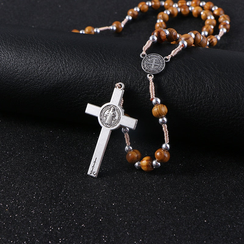 Handmade Wooden Rosary with Jesus on the Cross and St. Benedict Medal