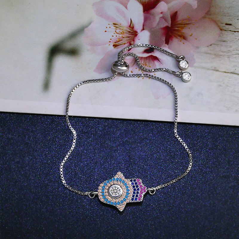 Hamsa Hand with Evil Eye Adjustable Charm Bracelet for Women