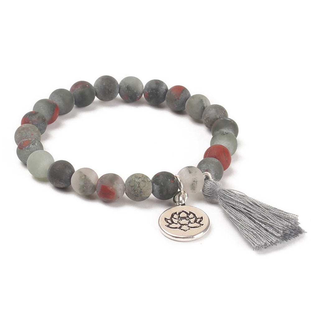 Natural Stone Lotus Buddha Charm Mala Bracelet with Tassel