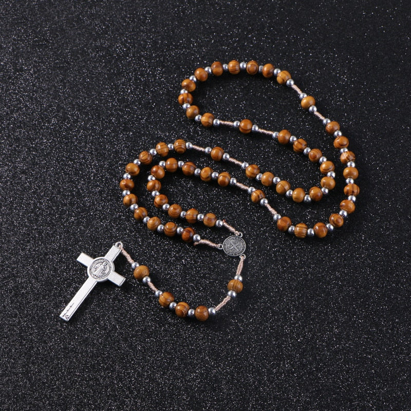 Handmade Wooden Rosary with Jesus on the Cross and St. Benedict Medal