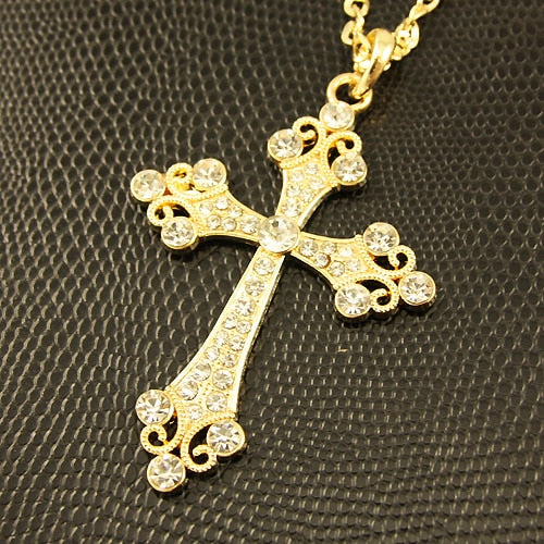 Large Crystal Gothic Style Cross Pendant Necklace