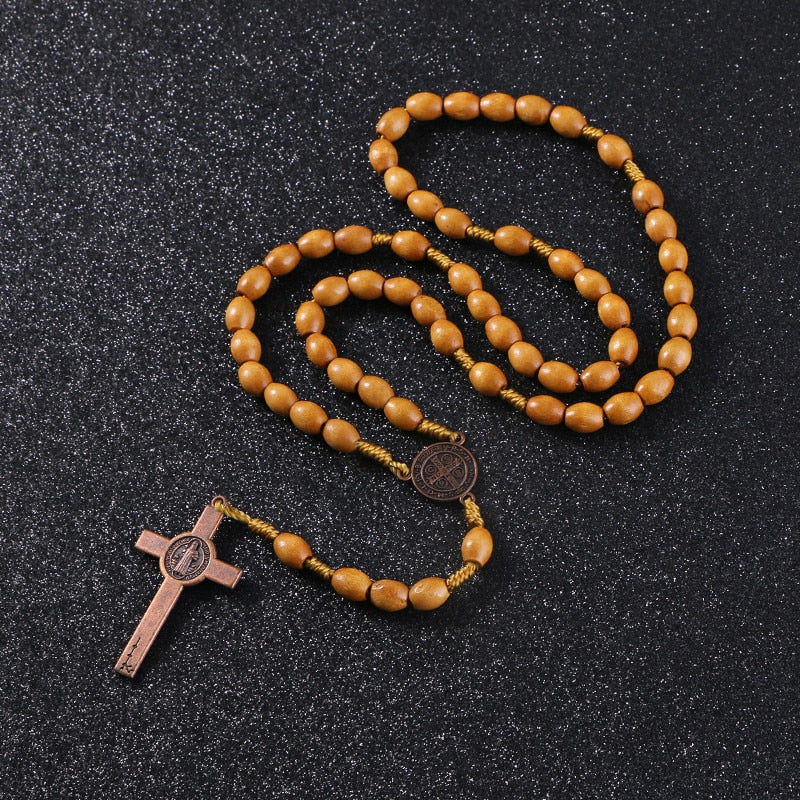 Handmade Wooden Rosary Jesus on the Cross & Saint Benedict Medal