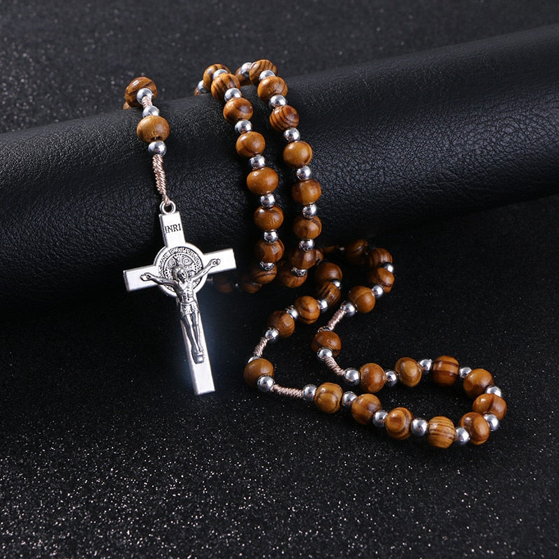 Handmade Wooden Rosary with Jesus on the Cross and St. Benedict Medal