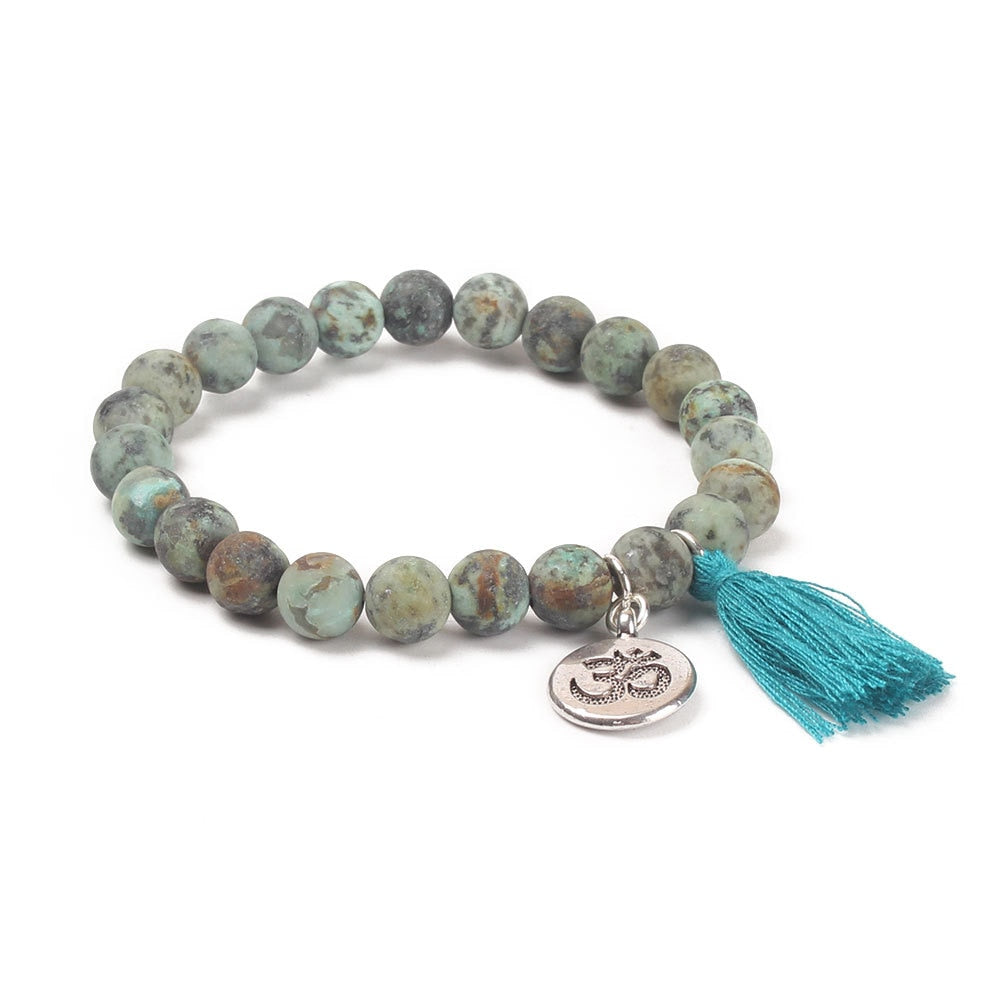 Natural Stone Lotus Buddha Charm Mala Bracelet with Tassel