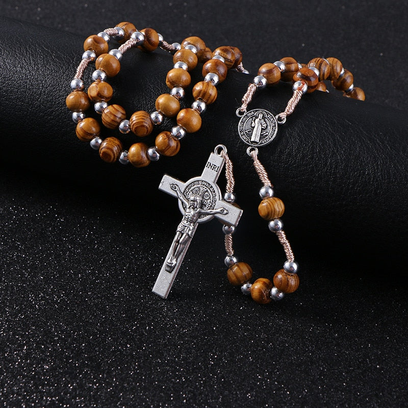 Handmade Wooden Rosary with Jesus on the Cross and St. Benedict Medal