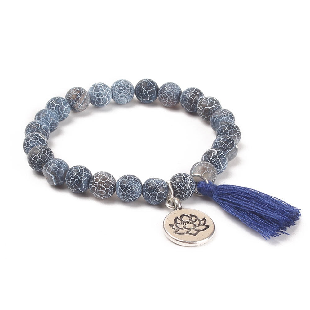 Natural Stone Lotus Buddha Charm Mala Bracelet with Tassel