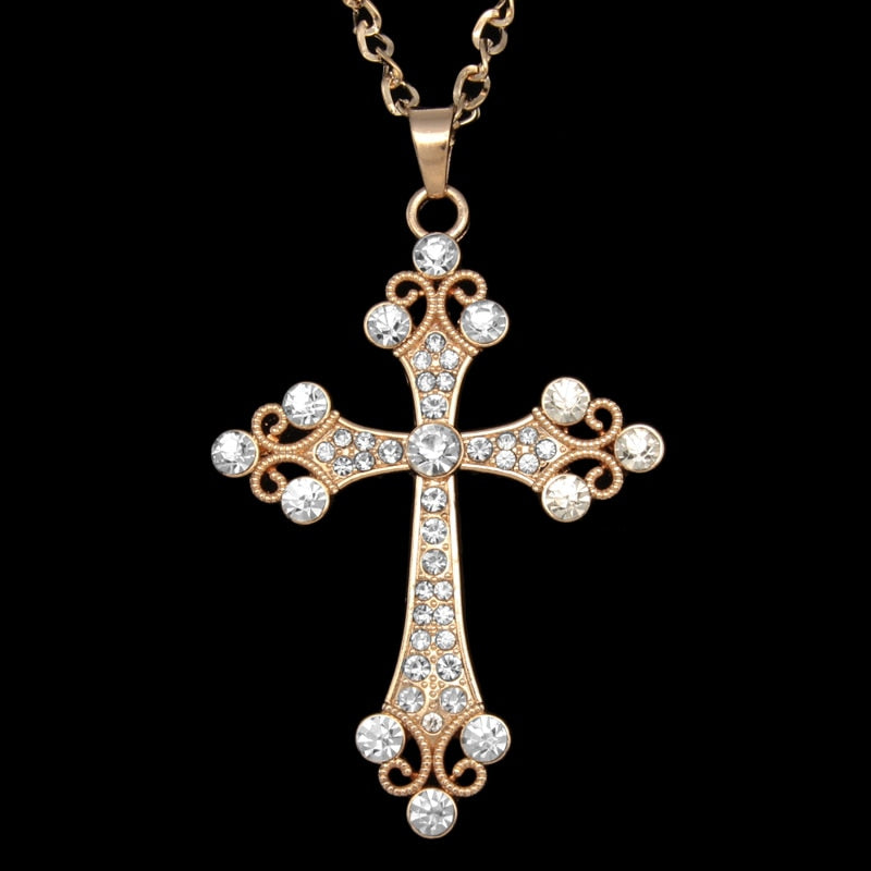 Large Crystal Gothic Style Cross Pendant Necklace