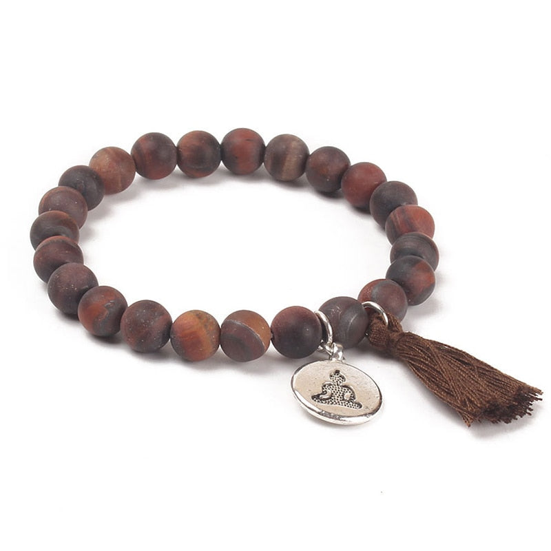 Natural Stone Lotus Buddha Charm Mala Bracelet with Tassel