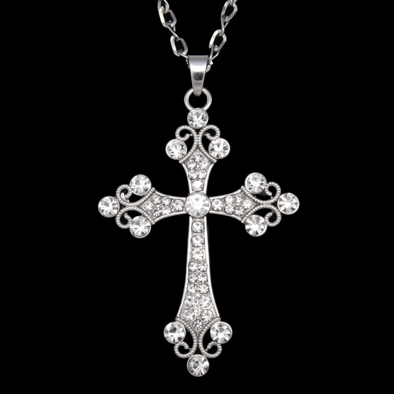 Large Crystal Gothic Style Cross Pendant Necklace