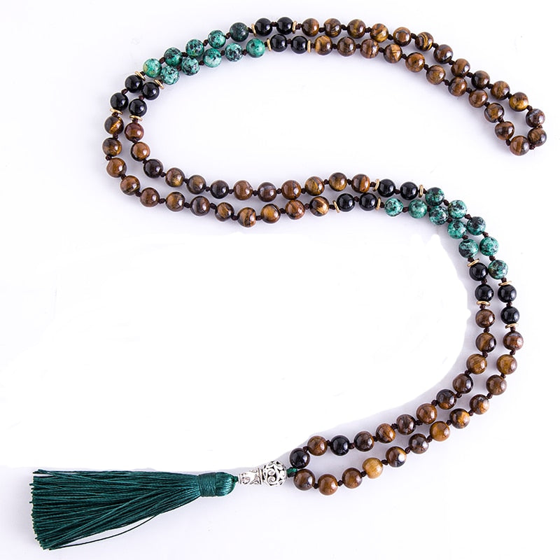 108 Prayer Bead Handmade Mala w/ Black Onyx, Yellow Tiger Eye, African Turquoise & Green Tassel