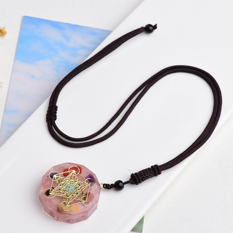 Rose Quartz Crystal Orgone Pendant Necklace w/ Metatron's Cube