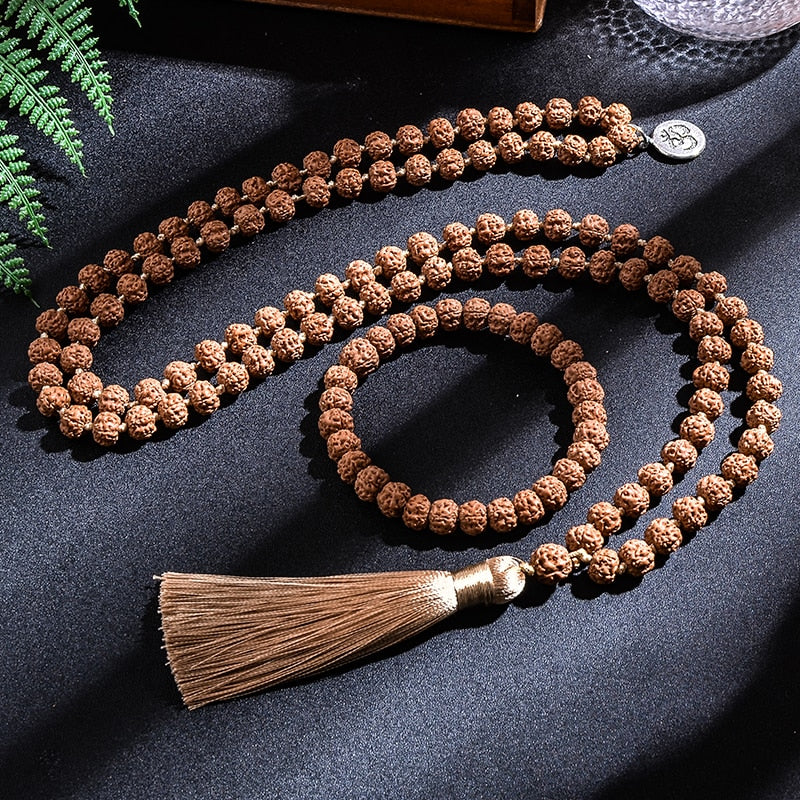 108 Rudraksha Beaded Japamala w/ Silk Tassel & Om Pendant