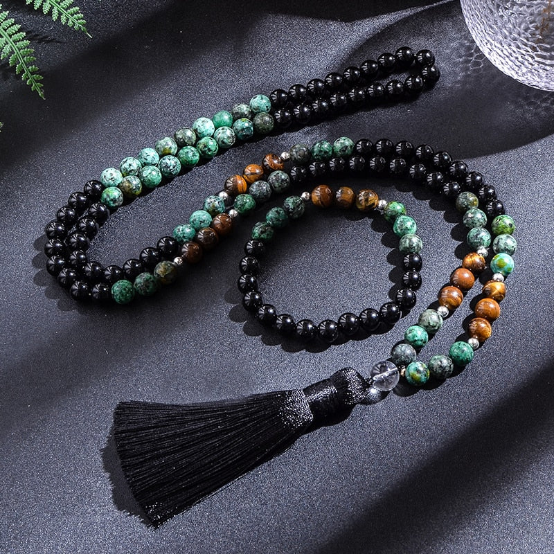 108 Bead Mala Handmade w/ Natural African Turquoise, Black Agate & Yellow Tiger Eye Stones