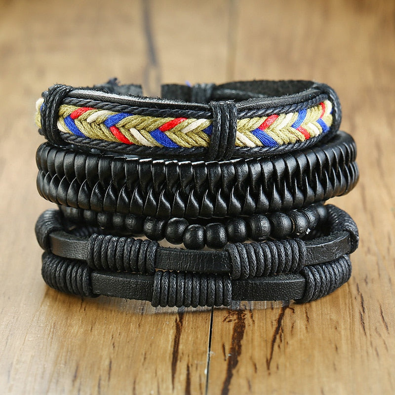 Braided Wrap Leather Bracelets for Men 4Pcs/Set