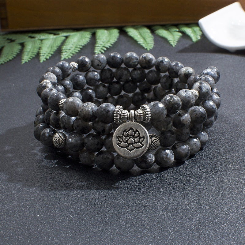 108 Bead Mala Handmade w/ Black Flash Labradorite