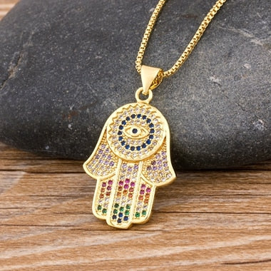 Hand of Fatima w/ Evil Eye Pendant Necklace