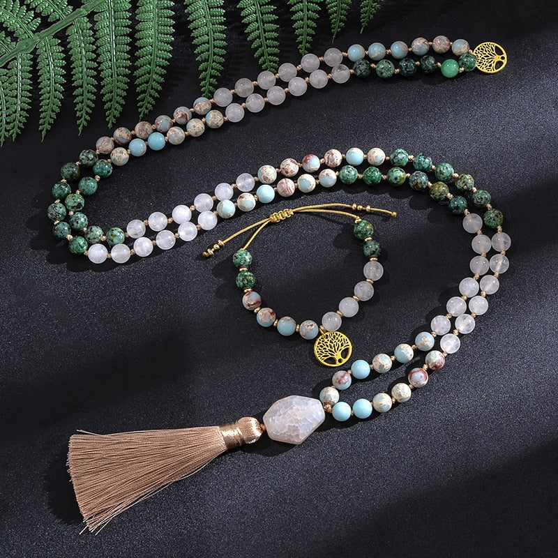 108 Bead Mala Handmade w/ White Jade, African Turquoise & Emperor Jasper Stones