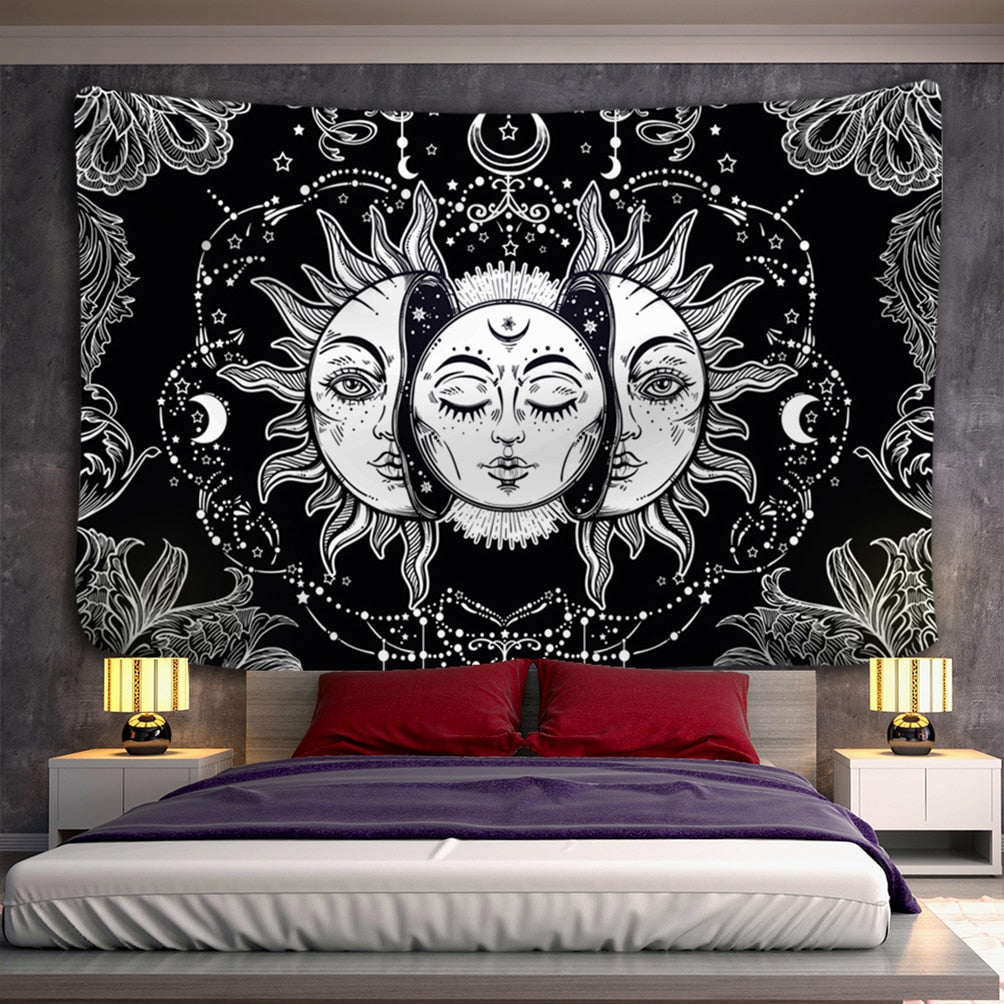 Sun & Moon Tapestry on Black Background