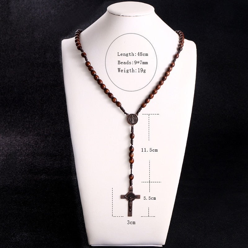 Jesus on the Holy Cross Wooden Rosary with Saint Benedict Medal