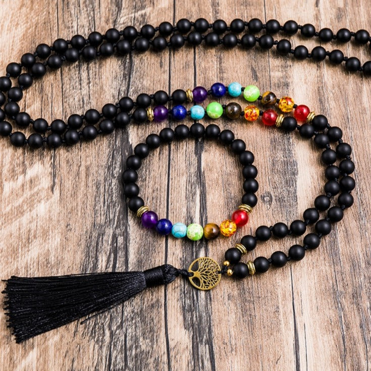 108 Bead Mala Handmade w/ Matte Black Onyx + 7 Chakra Stones