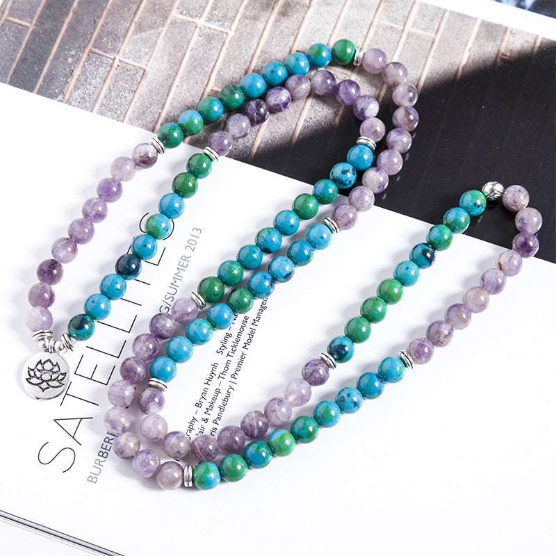 108 Bead Mala w/ Natural Amethyst Phoenix Lapis Lazuli Stones