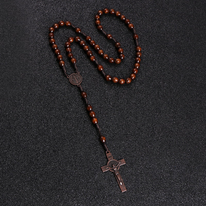 Jesus on the Holy Cross Wooden Rosary with Saint Benedict Medal