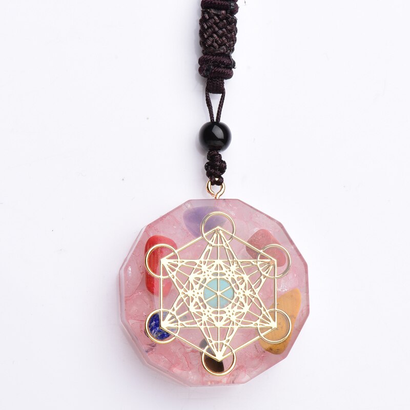 Rose Quartz Crystal Orgone Pendant Necklace w/ Metatron's Cube