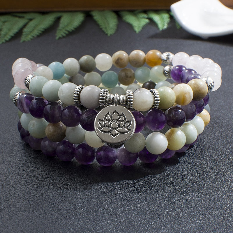 108 Bead Mala Handmade w/ Natural Amethyst, Amazonite & Rose Quartz