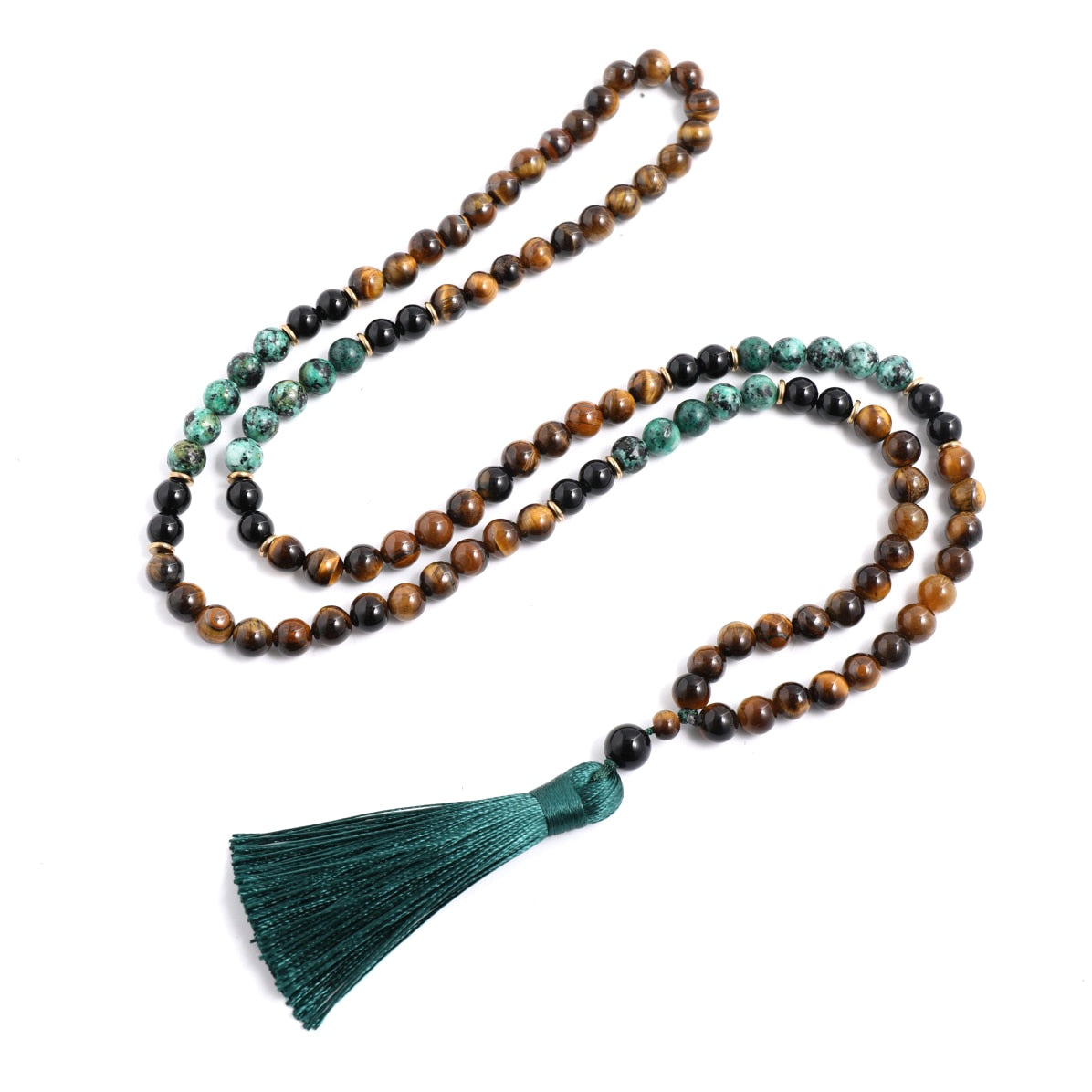 108 Prayer Bead Handmade Mala w/ Black Onyx, Yellow Tiger Eye, African Turquoise & Green Tassel