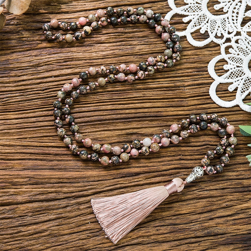 108 Bead Mala Handmade w/ Natural Black Line Rhodochrosite Stones