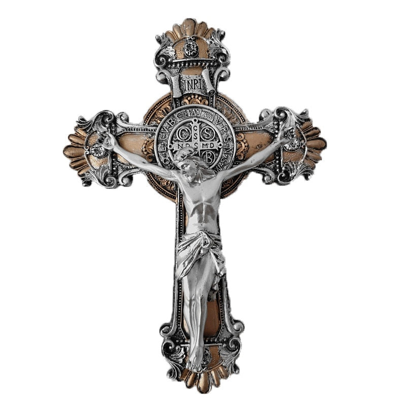 Jesus on the Holy Cross with Saint Benedicts Medal Wooden & Metal Ornament