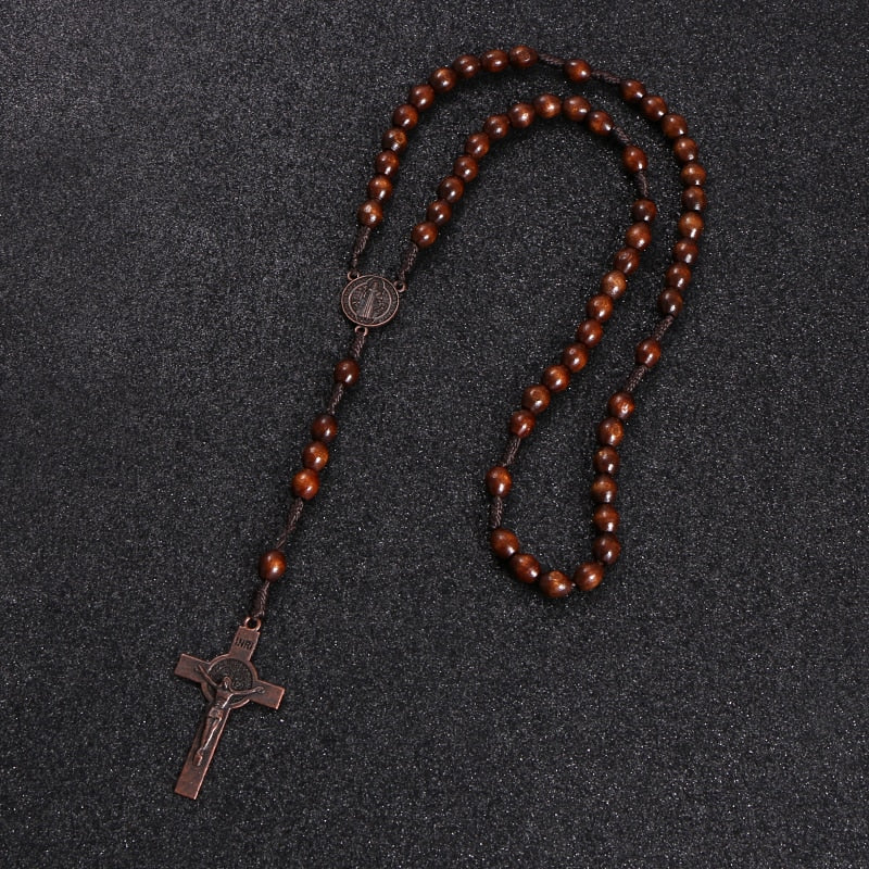 Jesus on the Holy Cross Wooden Rosary with Saint Benedict Medal