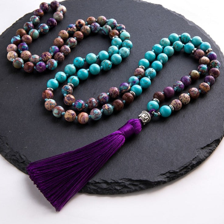 108 Bead Mala Handmade w/ Natural Turquoise, Violet & Imperial Jasper Stones