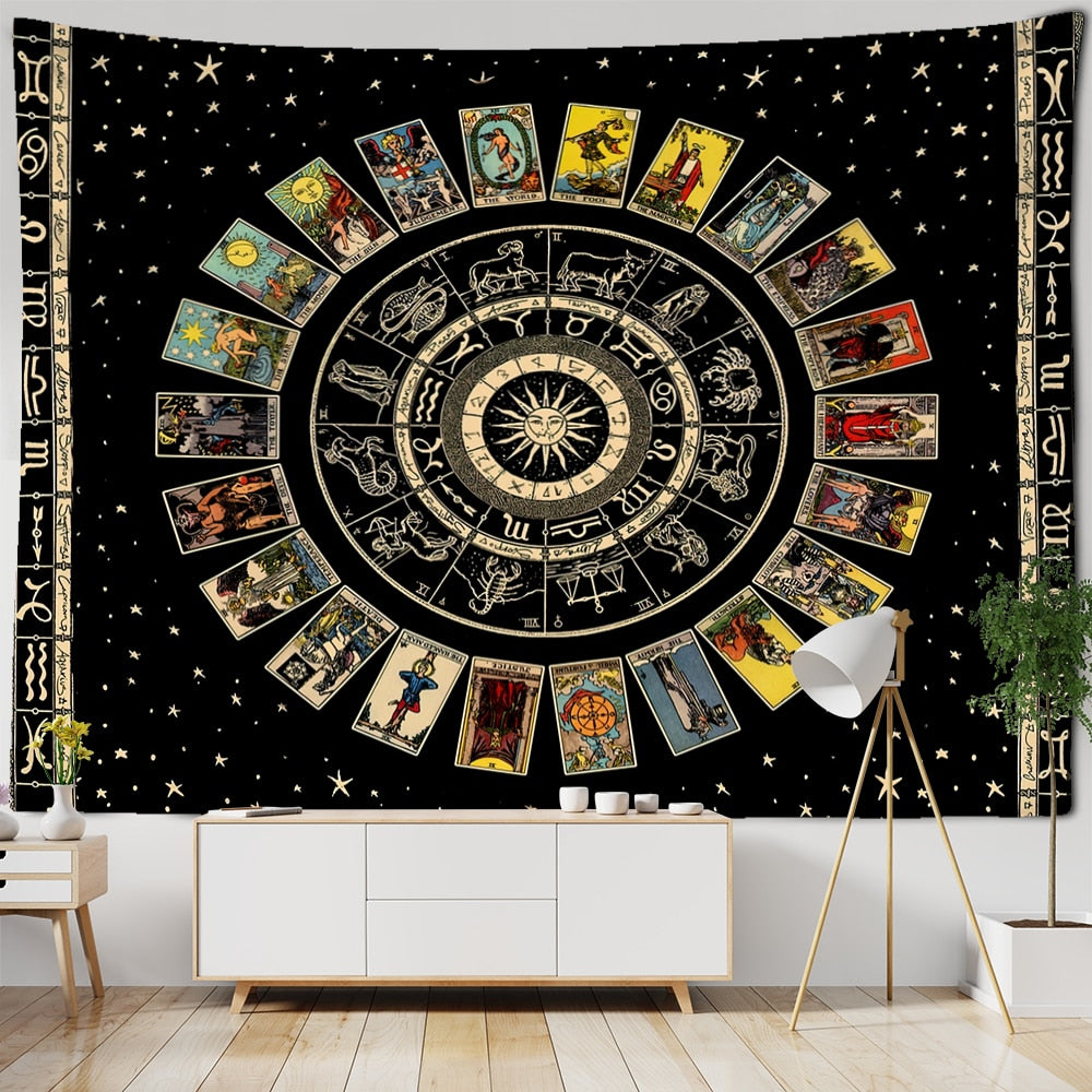 Tarot & Astrology Tapestry in Black Background