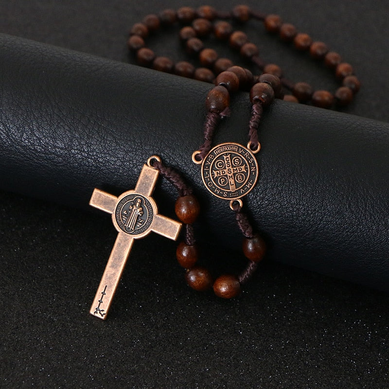 Jesus on the Holy Cross Wooden Rosary with Saint Benedict Medal