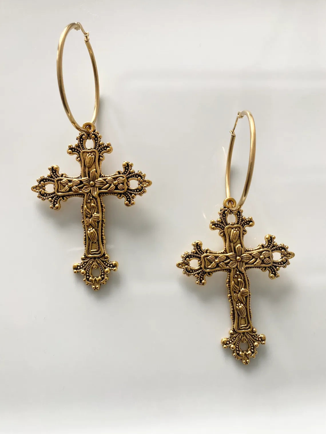 Large Antique Gothic Cross Hoop Earrings