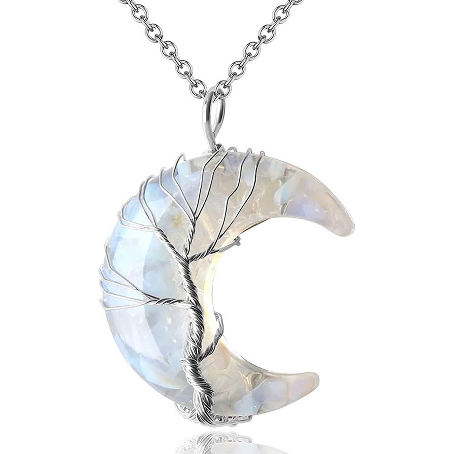 Tree of Life Wire Wrap Crystal Crescent Moon Pendant w/ Necklace