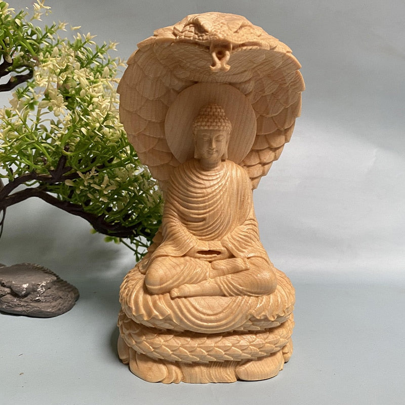 Buddha with the Immortal Serpent Protector Naga Hand-carved Solid Wood Statue