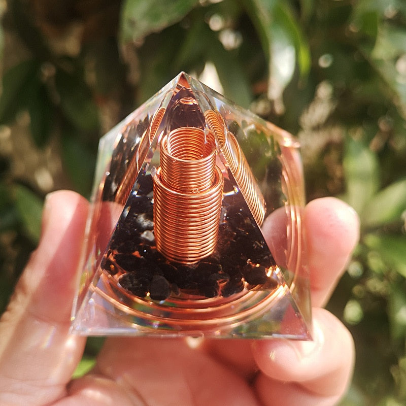 Spiral Copper Wire Orgonite Pyramid with Obsidian