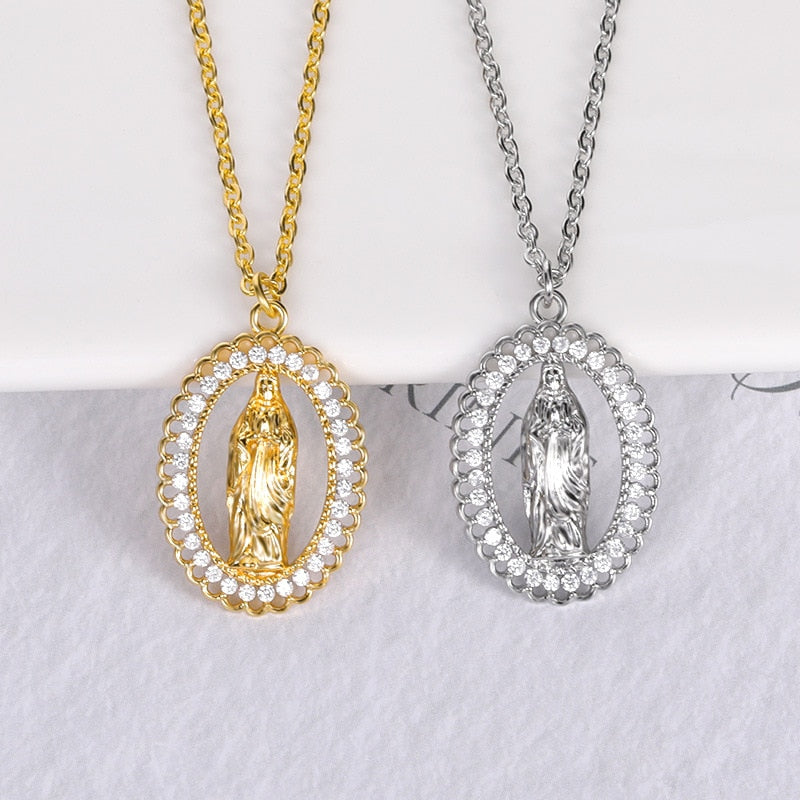 Virgin Mary Crystal Pendant Necklace