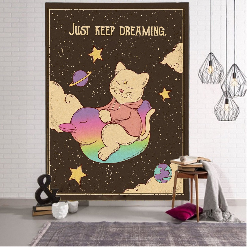 Cosmic Cat Tapestry - "Just Keep Dreaming"